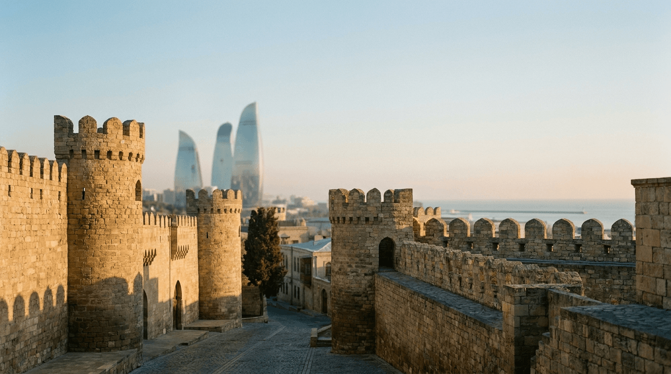 Fortress walls and towers of the Baku Old City in late afternoon light