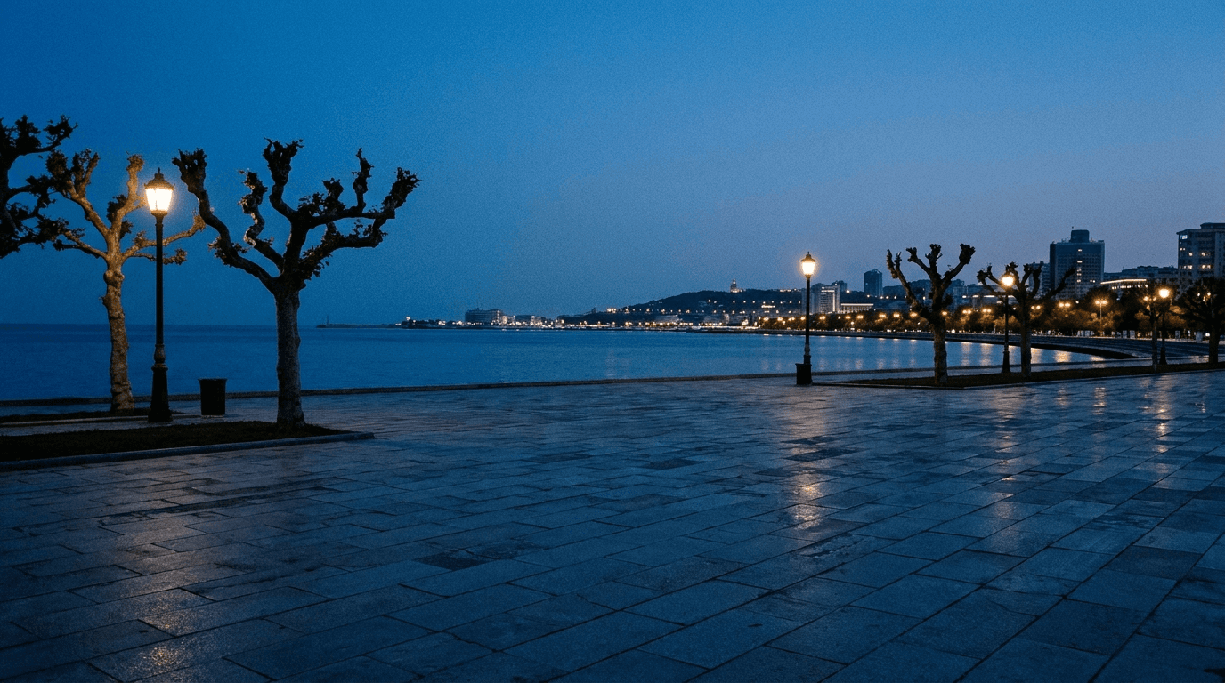 The Baku seafront boulevard on the Caspian at dusk