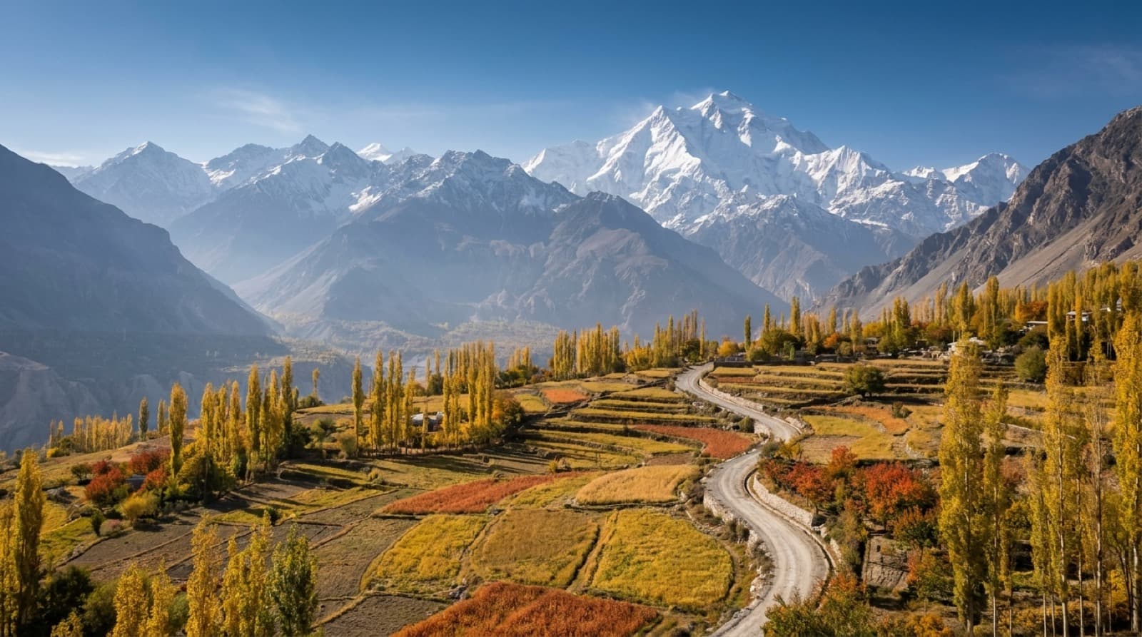 The Hunza valley in autumn with Rakaposhi and the Karakoram ridges behind