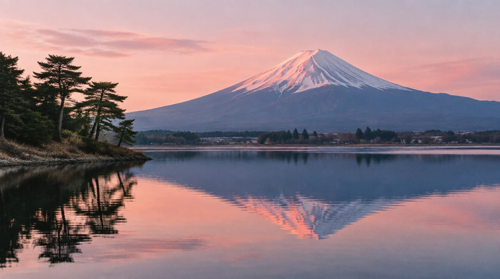Mount Fuji reflected in Lake Kawaguchi at dawn