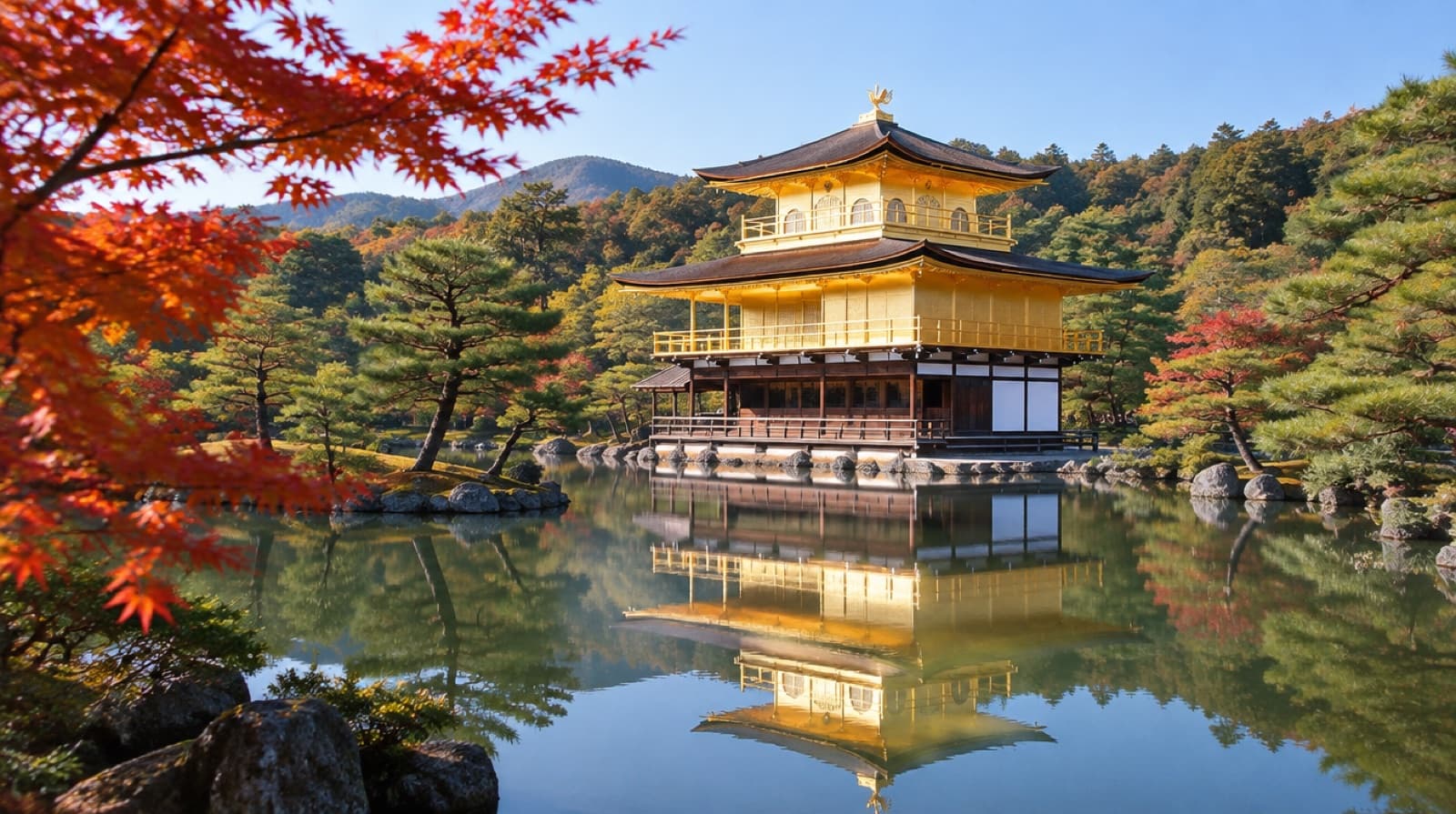 The Golden Pavilion of Kinkaku-ji reflected in its pond, maples around it