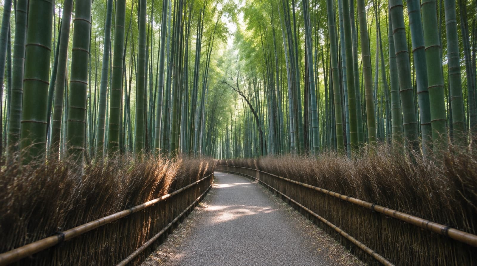 An empty path through the tall bamboo grove at Arashiyama