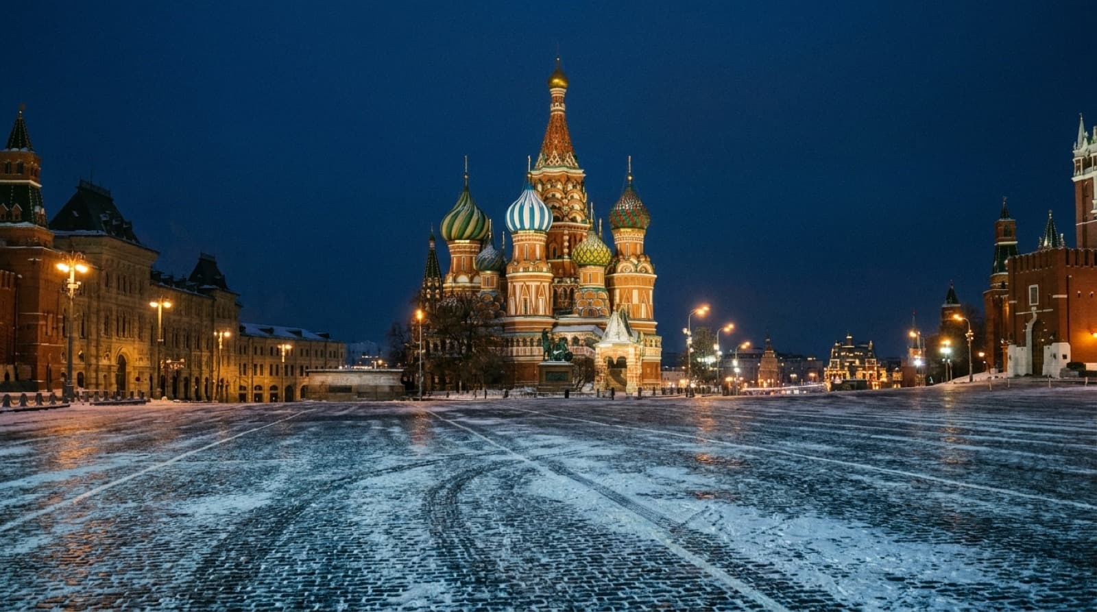 The domes of Saint Basil's Cathedral on Red Square in Moscow at blue hour