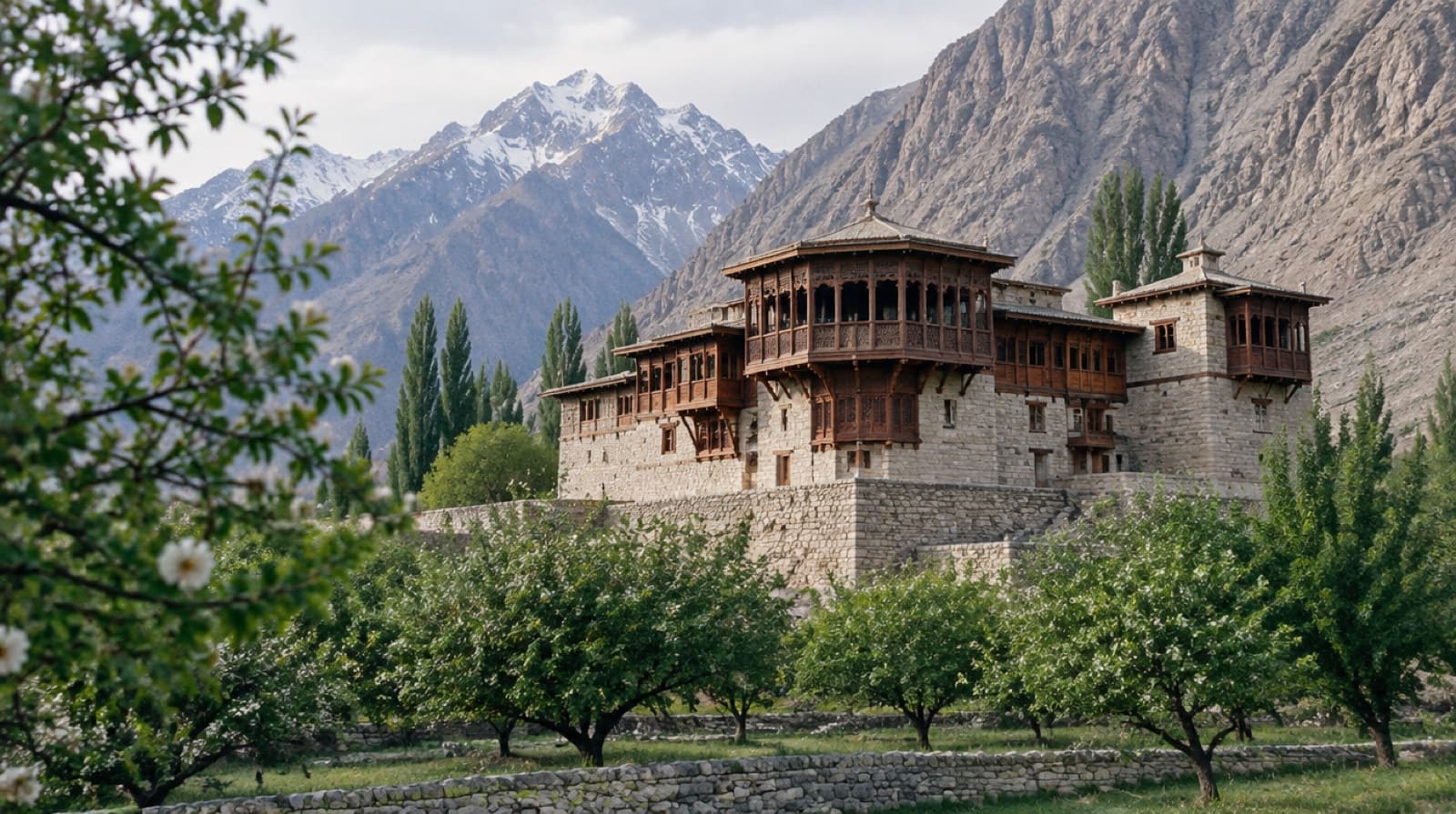 Shigar Fort among orchards below rocky mountains in Baltistan