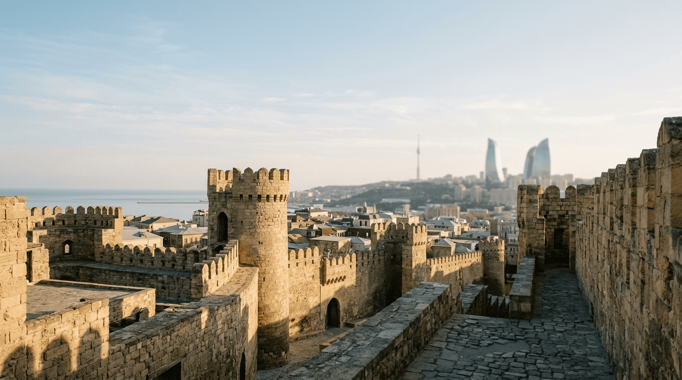 The walled Old City of Baku above the Caspian, with the Flame Towers distant on the ridge