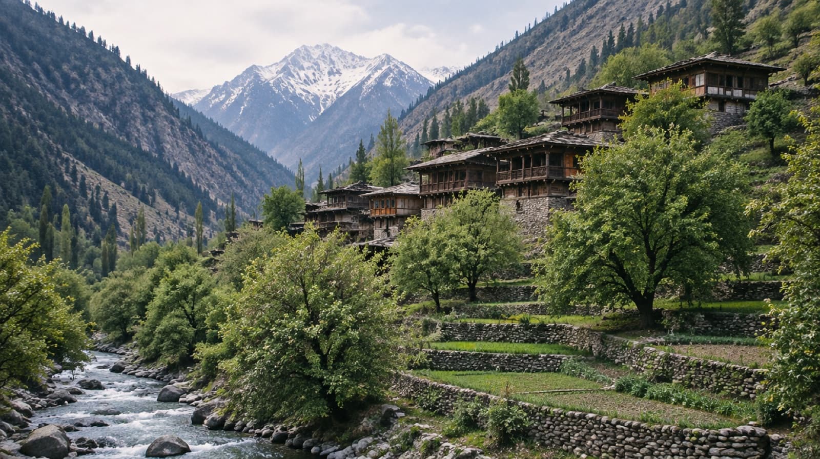 Timber houses stacked on a hillside above a stream in a Kalash valley, walnut trees and terraces