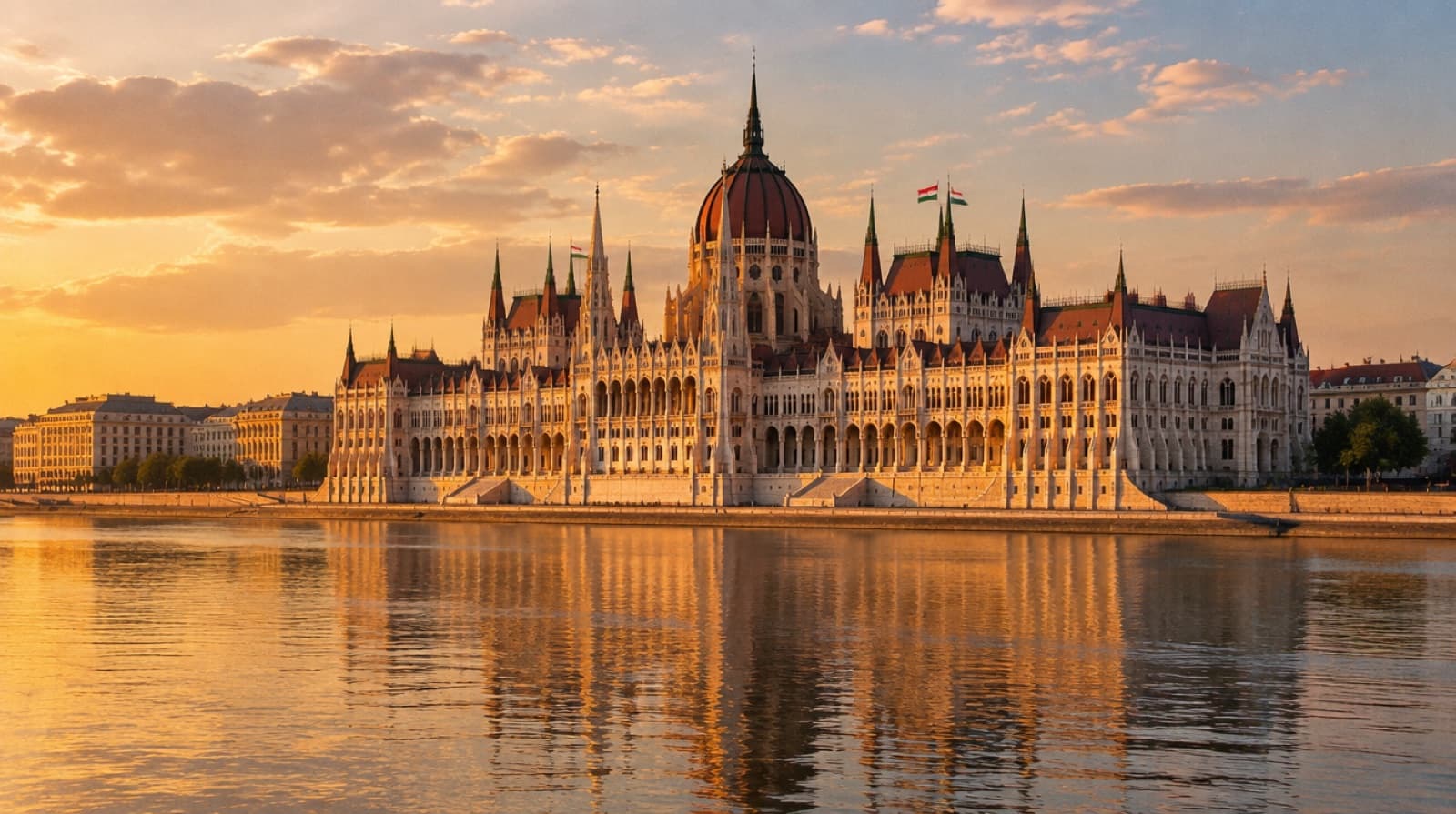 The Hungarian Parliament on the Danube in Budapest at golden hour