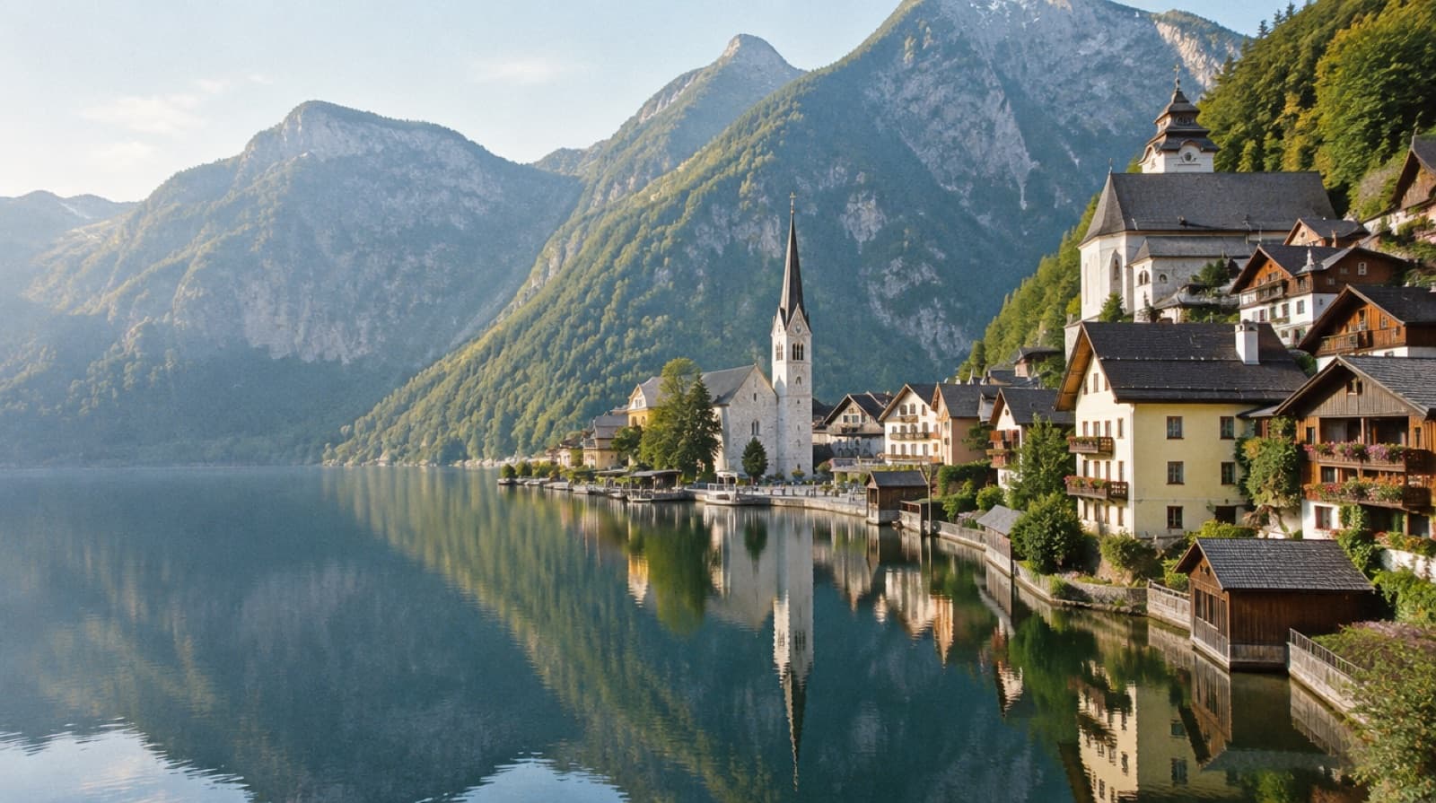 Hallstatt's houses and church spire on its lake below steep Alpine slopes