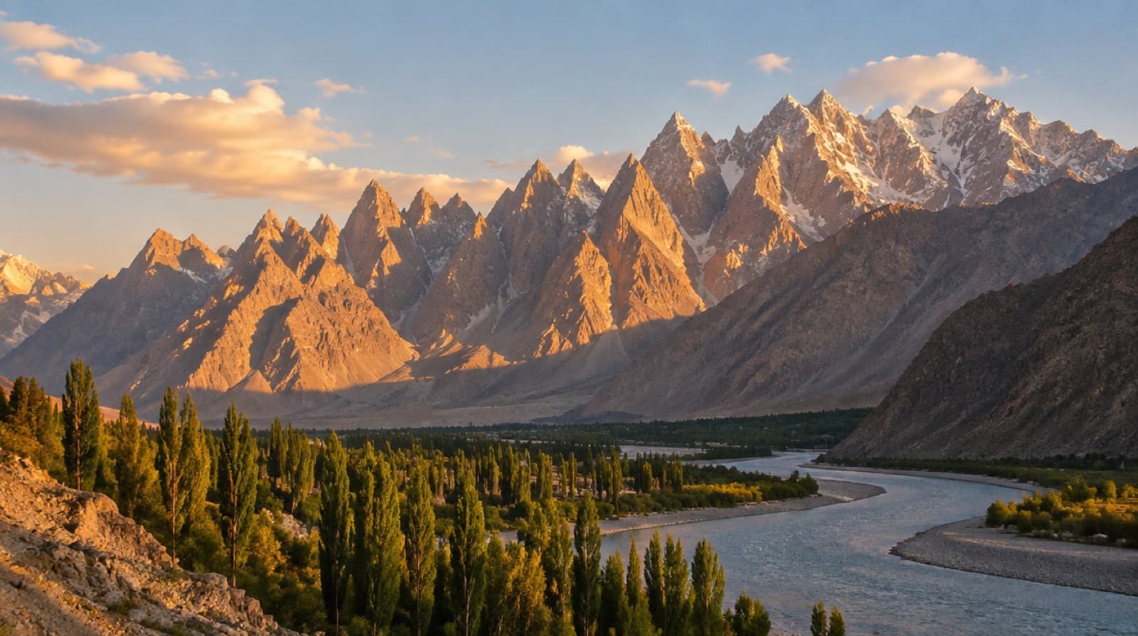 The jagged Passu Cones above the Hunza river valley at golden hour