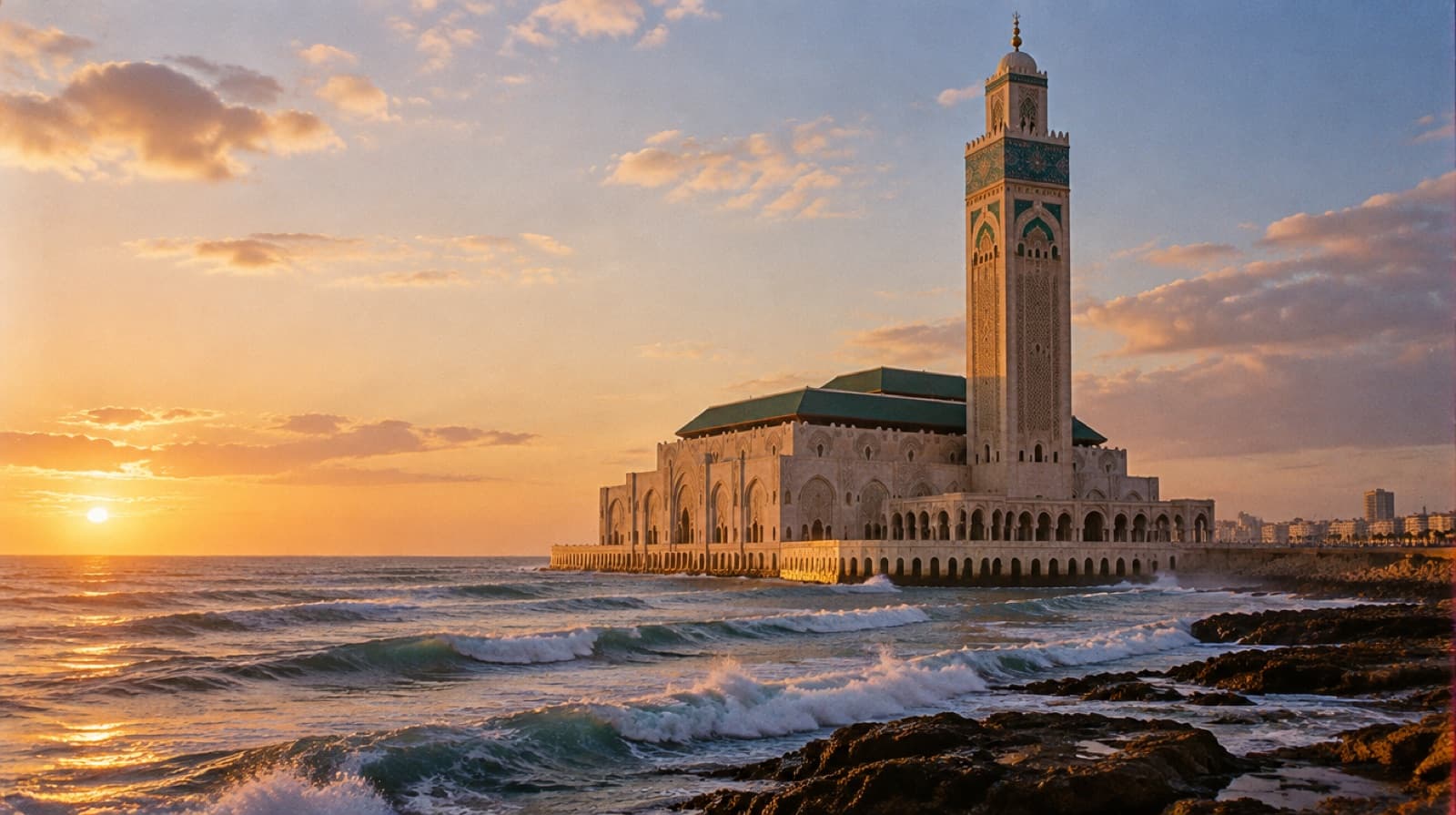 The Hassan II Mosque and its minaret on the Atlantic shore in Casablanca at sunset