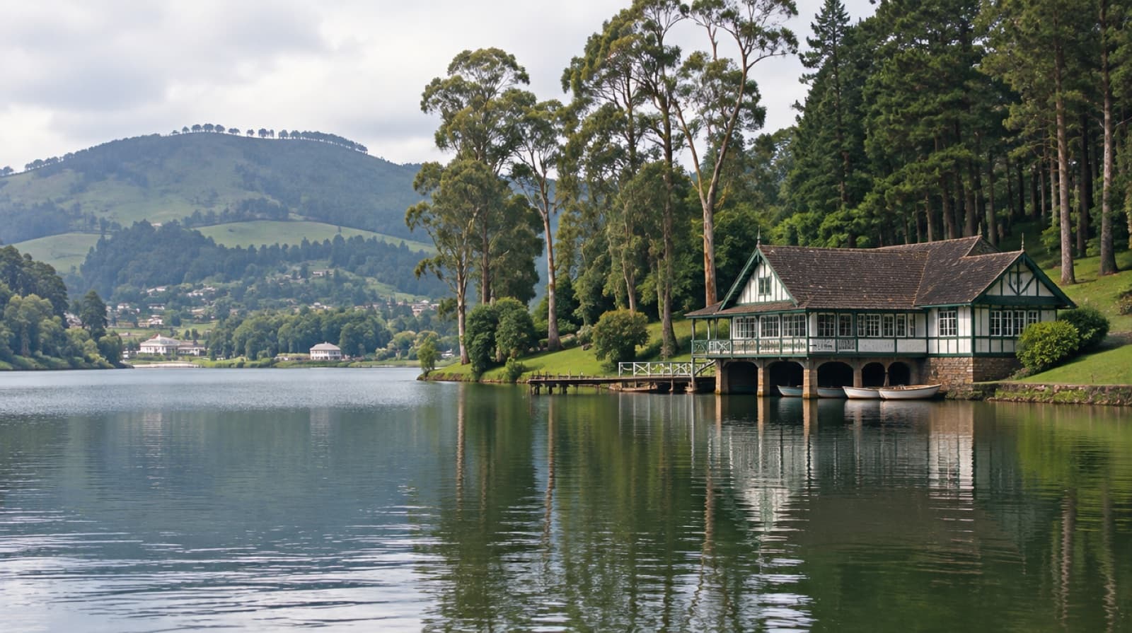 Gregory Lake in Nuwara Eliya with a boathouse under tall trees