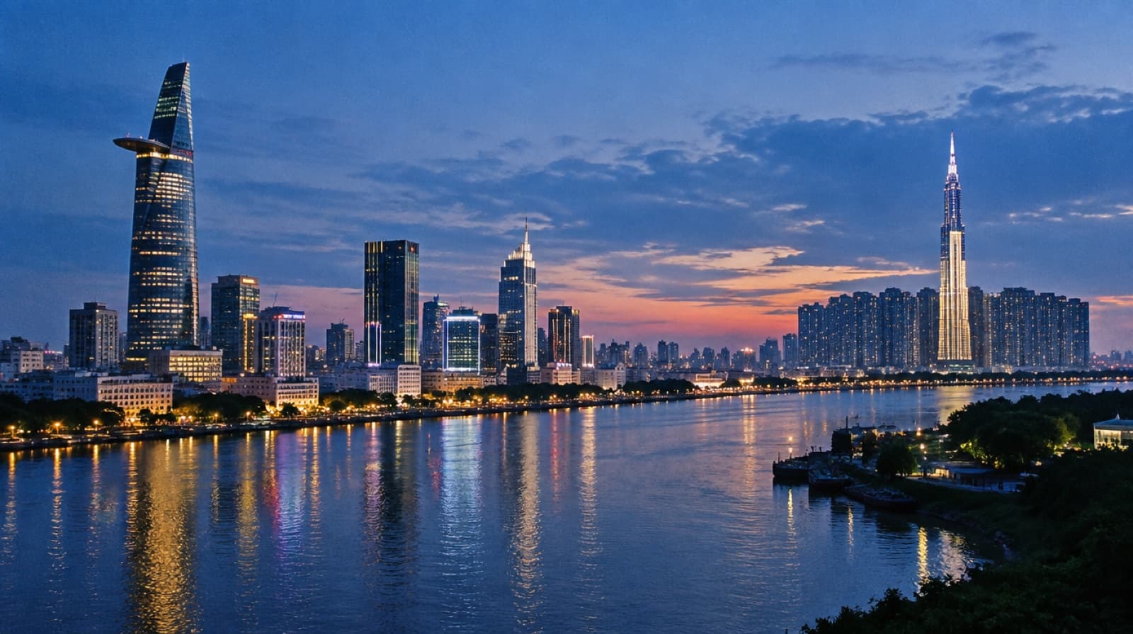 The Saigon river and the Ho Chi Minh City skyline lit at dusk